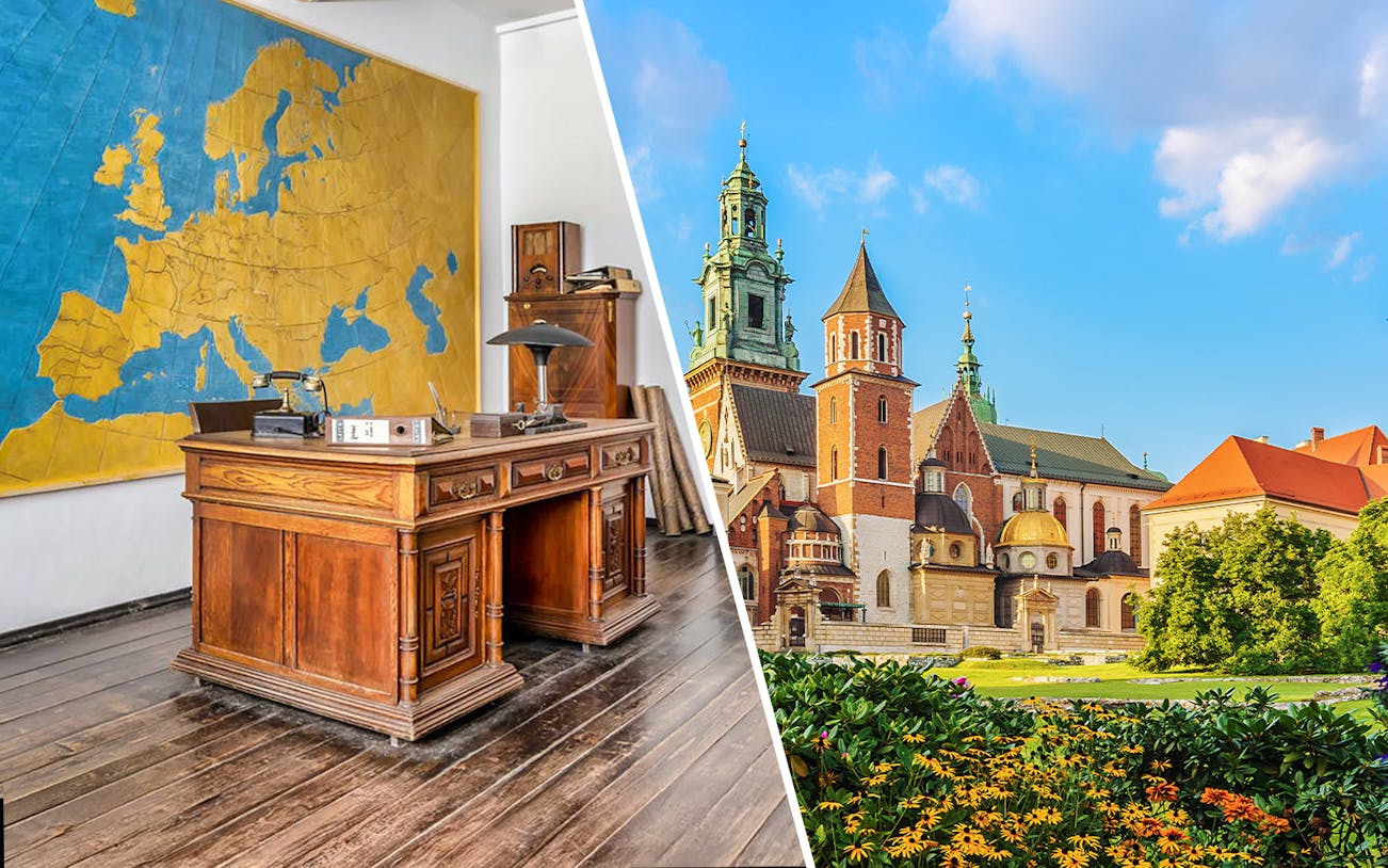 Schindler's Factory office interior and Wawel Castle exterior in Krakow, Poland.
