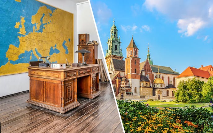 Schindler's Factory office interior and Wawel Castle exterior in Krakow, Poland.