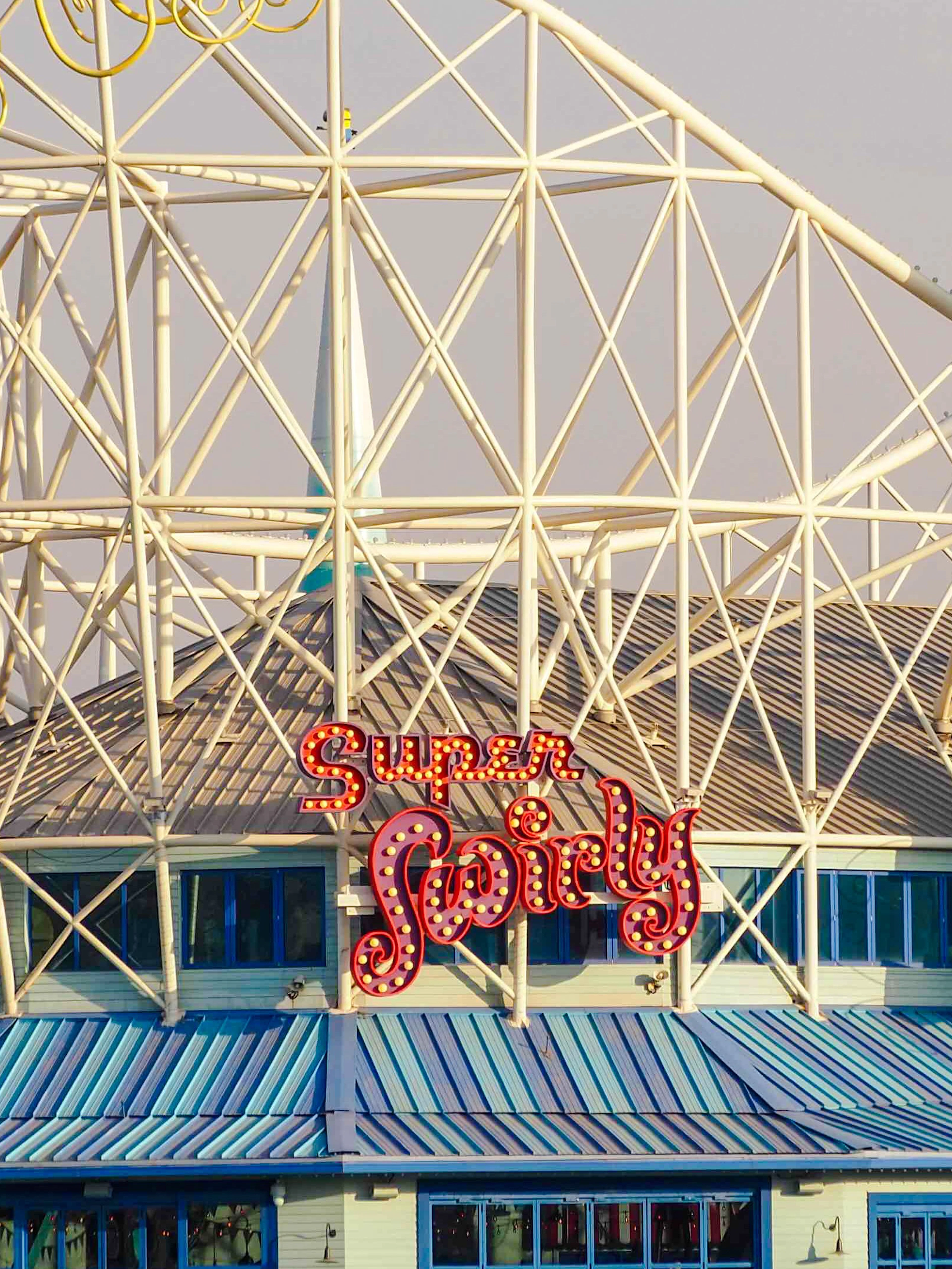 Roller coaster and whimsical architecture at Universal Studios Beijing.
