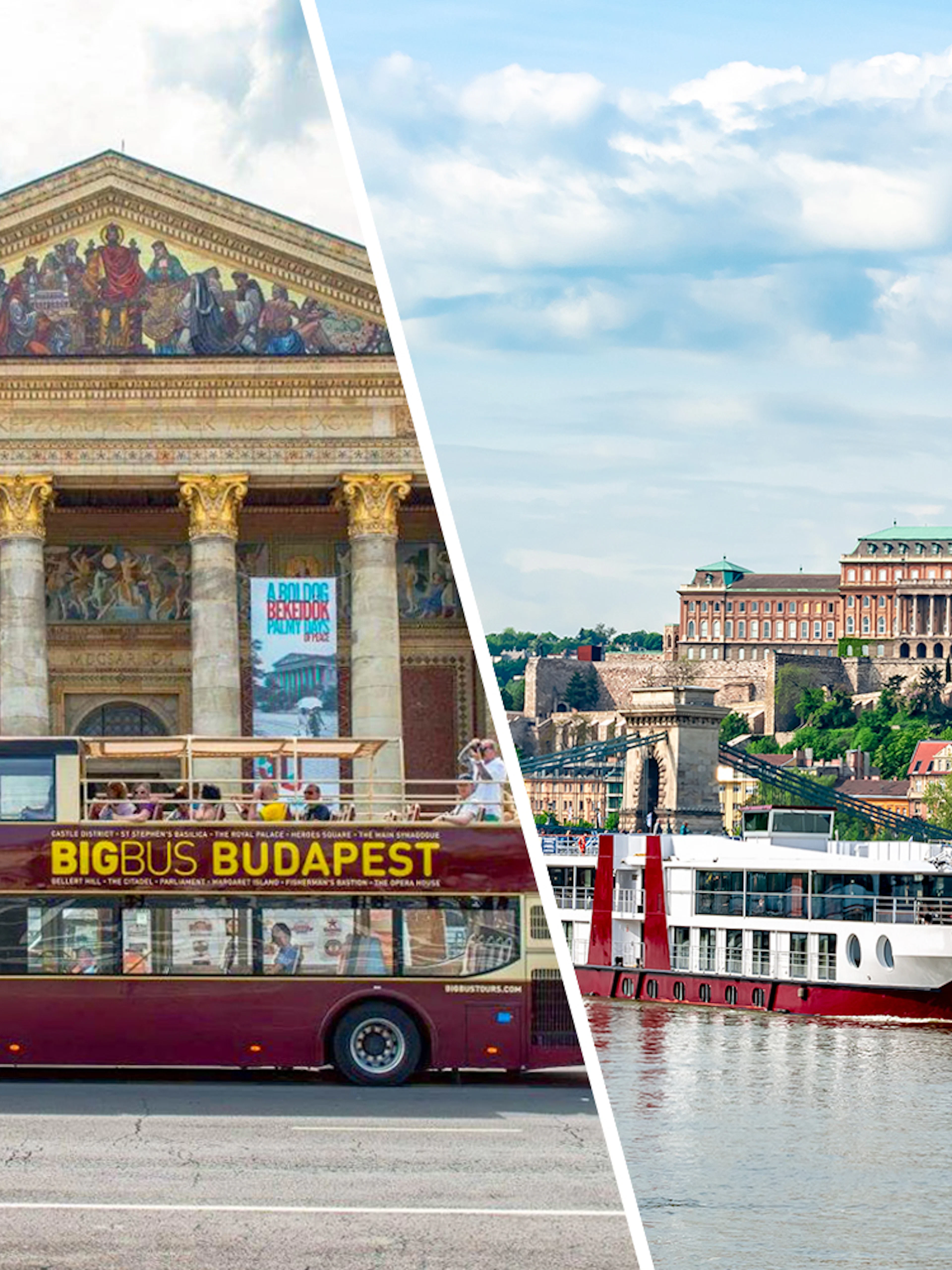 Big Bus Budapest in front of Museum of Fine Arts and Buda Castle across the Danube River.