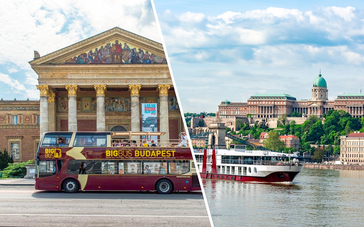 Big Bus Budapest in front of Museum of Fine Arts and Buda Castle across the Danube River.