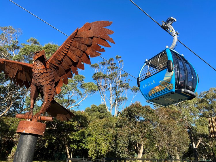Arthurs Seat Eagle gondola ride with metal eagle sculpture in foreground.