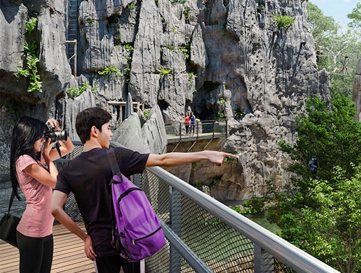 Visitors on a walkway exploring rocky terrain in Rainforest Wild Asia.