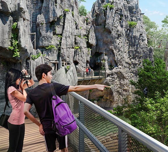 Visitors on a walkway exploring rocky terrain in Rainforest Wild Asia.