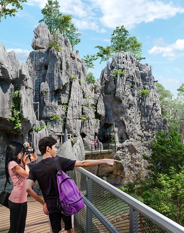 Visitors on a walkway exploring rocky terrain in Rainforest Wild Asia.