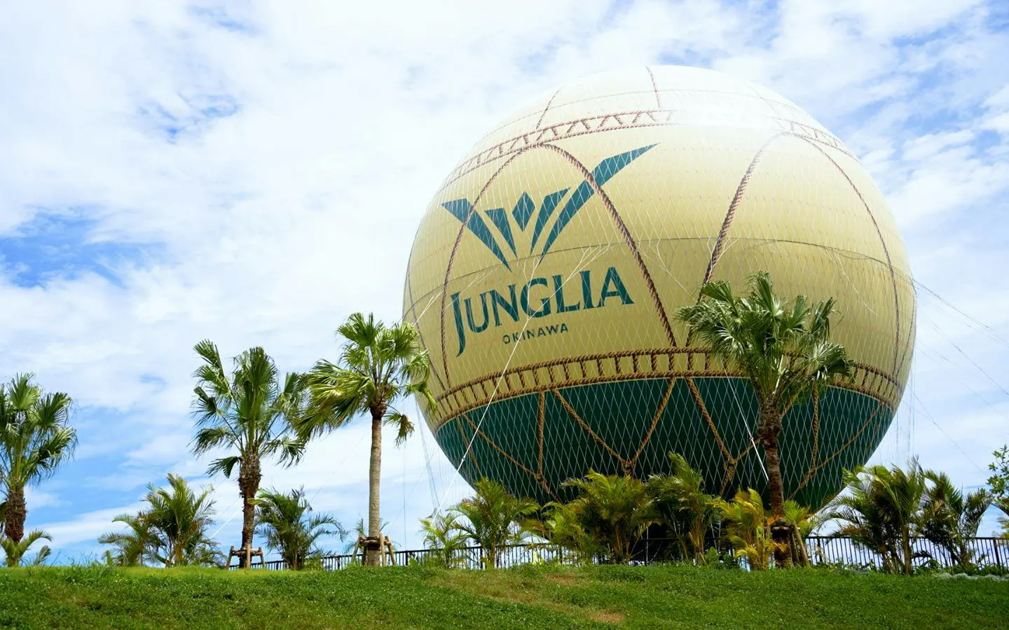 JUNGLIA Okinawa hot air balloon surrounded by palm trees under a blue sky.