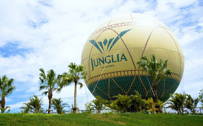 JUNGLIA Okinawa hot air balloon surrounded by palm trees under a blue sky.