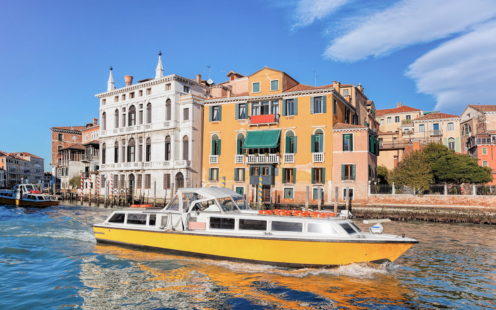 Alilaguna water bus navigating Venice's Grand Canal with cityscape in the background.