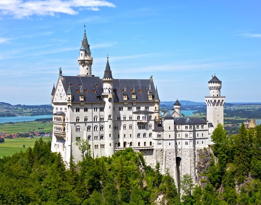 Aerial view of Neuschwanstein Castle in Bavaria, Germany, surrounded by lush green forests.