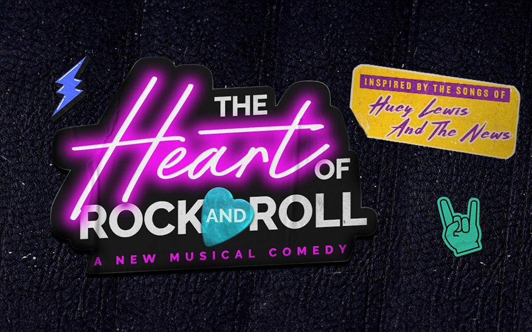 The Heart of Rock and Roll musical logo with neon text and rock symbols.