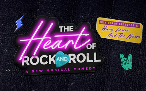 The Heart of Rock and Roll musical logo with neon text and rock symbols.