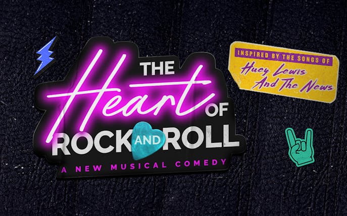 The Heart of Rock and Roll musical logo with neon text and rock symbols.
