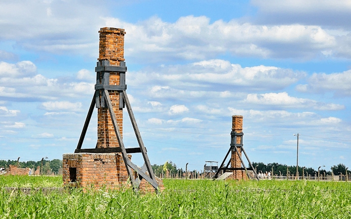 Remains of crematorium chimneys at Auschwitz Birkenau, Poland.