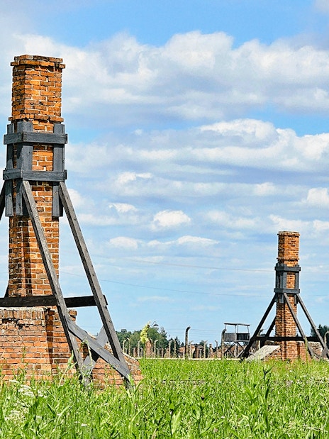 Remains of crematorium chimneys at Auschwitz Birkenau, Poland.