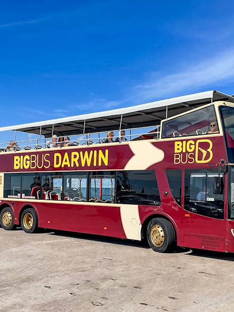 Darwin double-decker tour bus parked near waterfront and tourist facility.