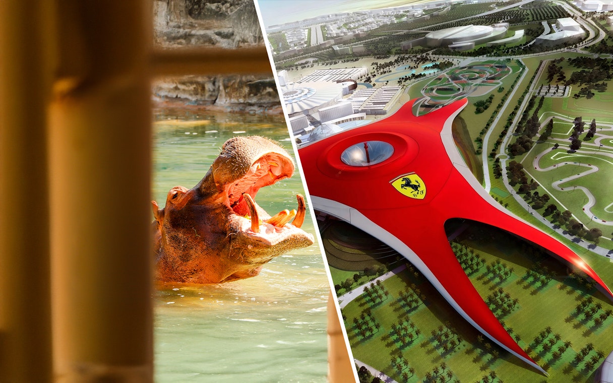 Hippopotamus at Emirates Park Zoo and aerial view of Ferrari World Abu Dhabi.