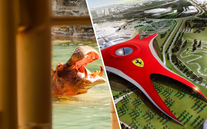 Hippopotamus at Emirates Park Zoo and aerial view of Ferrari World Abu Dhabi.