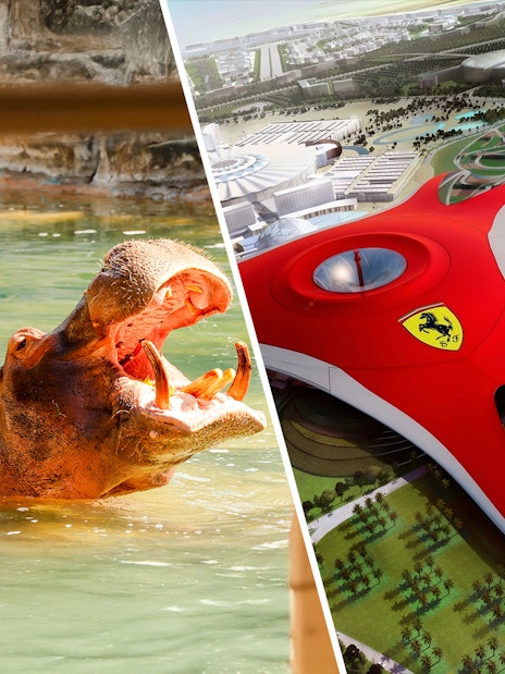 Hippopotamus at Emirates Park Zoo and aerial view of Ferrari World Abu Dhabi.