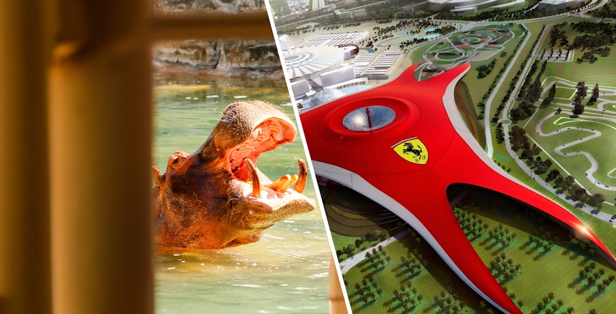 Hippopotamus at Emirates Park Zoo and aerial view of Ferrari World Abu Dhabi.