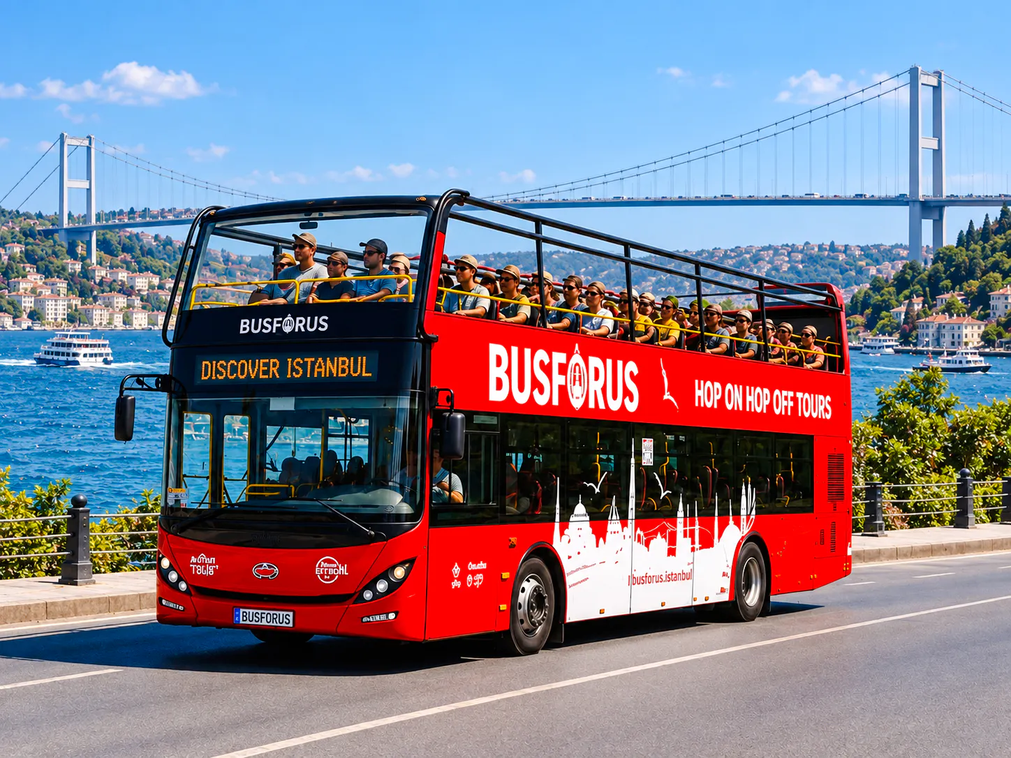 Open-top tour bus near Bosphorus Bridge in Istanbul, part of 2-day, 2-route tour.