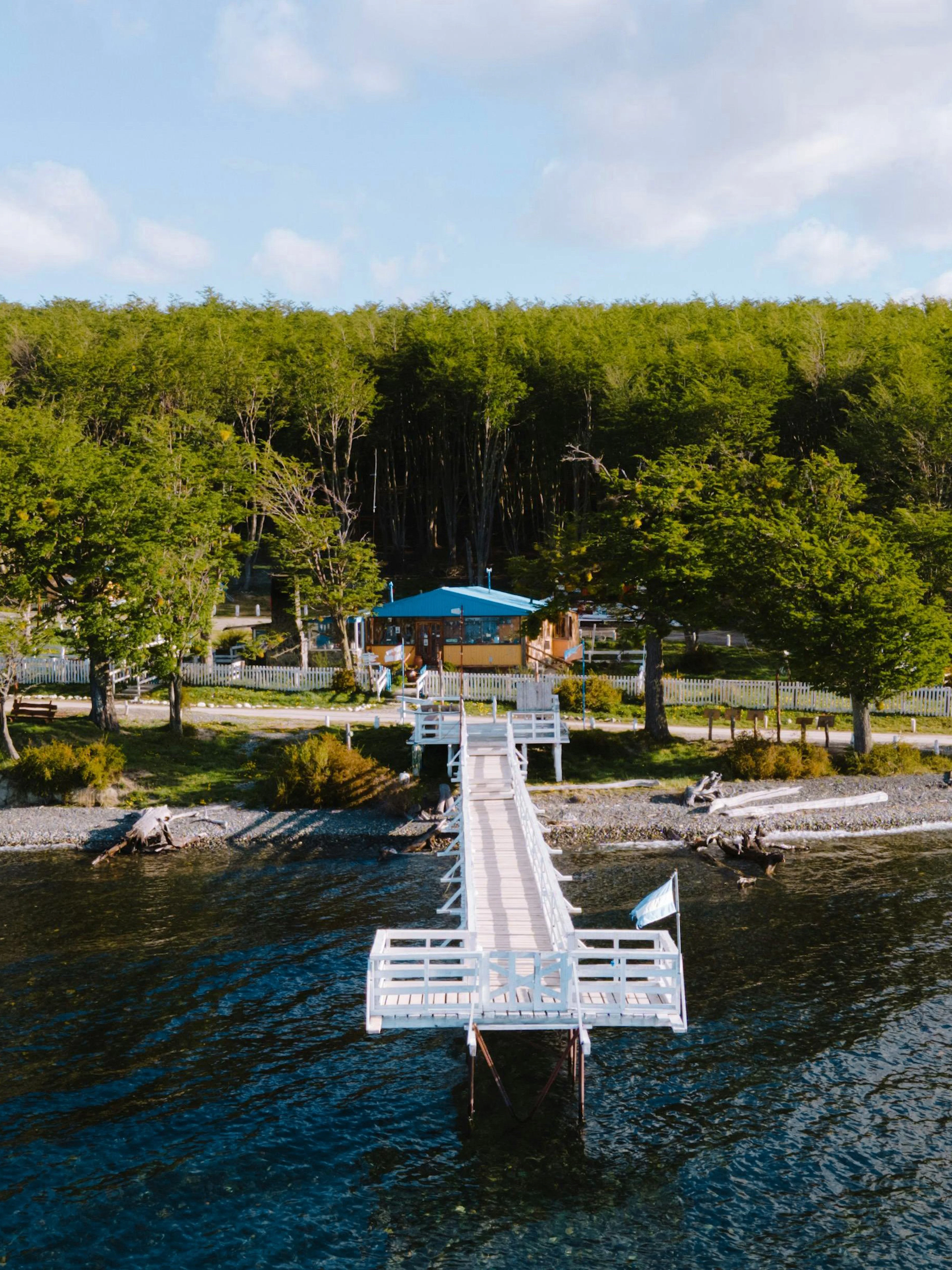 Pier extending into Lake Fagnano with forested shoreline in Tierra del Fuego, Argentina.