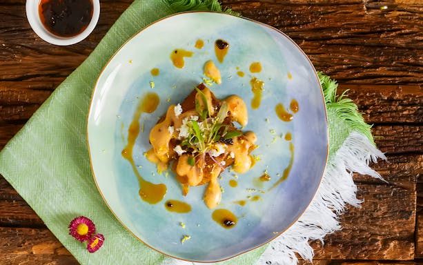 Plate of gourmet dish with sauce and microgreens, part of 10-course underground dining experience.