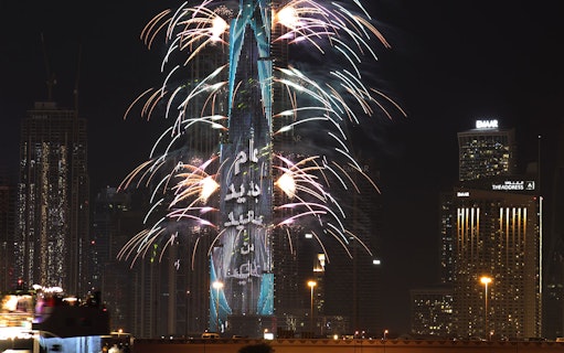 Burj Khalifa fireworks display during New Year’s Eve dinner at Sky Views, Dubai.