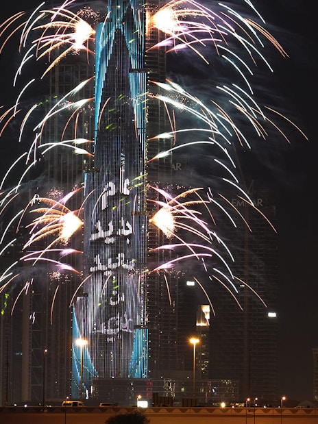 Burj Khalifa fireworks display during New Year’s Eve dinner at Sky Views, Dubai.
