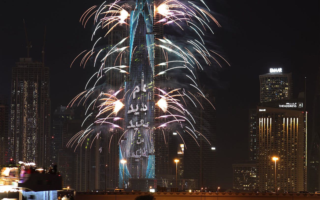 Burj Khalifa fireworks display during New Year’s Eve dinner at Sky Views, Dubai.