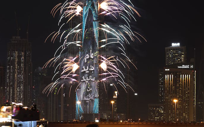 Burj Khalifa fireworks display during New Year’s Eve dinner at Sky Views, Dubai.