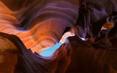 Antelope Canyon X rock formations with sunlight filtering through, Arizona.