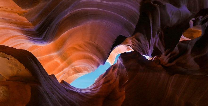 Antelope Canyon X rock formations with sunlight filtering through, Arizona.