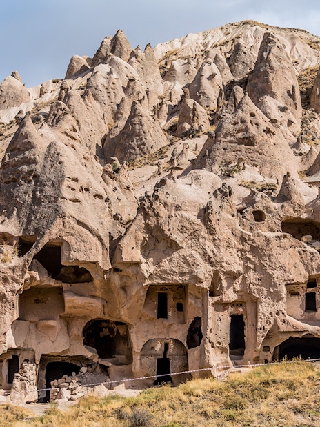 Rock formations and ancient cave dwellings at Zelve Open Air Museum, Cappadocia, Turkey.
