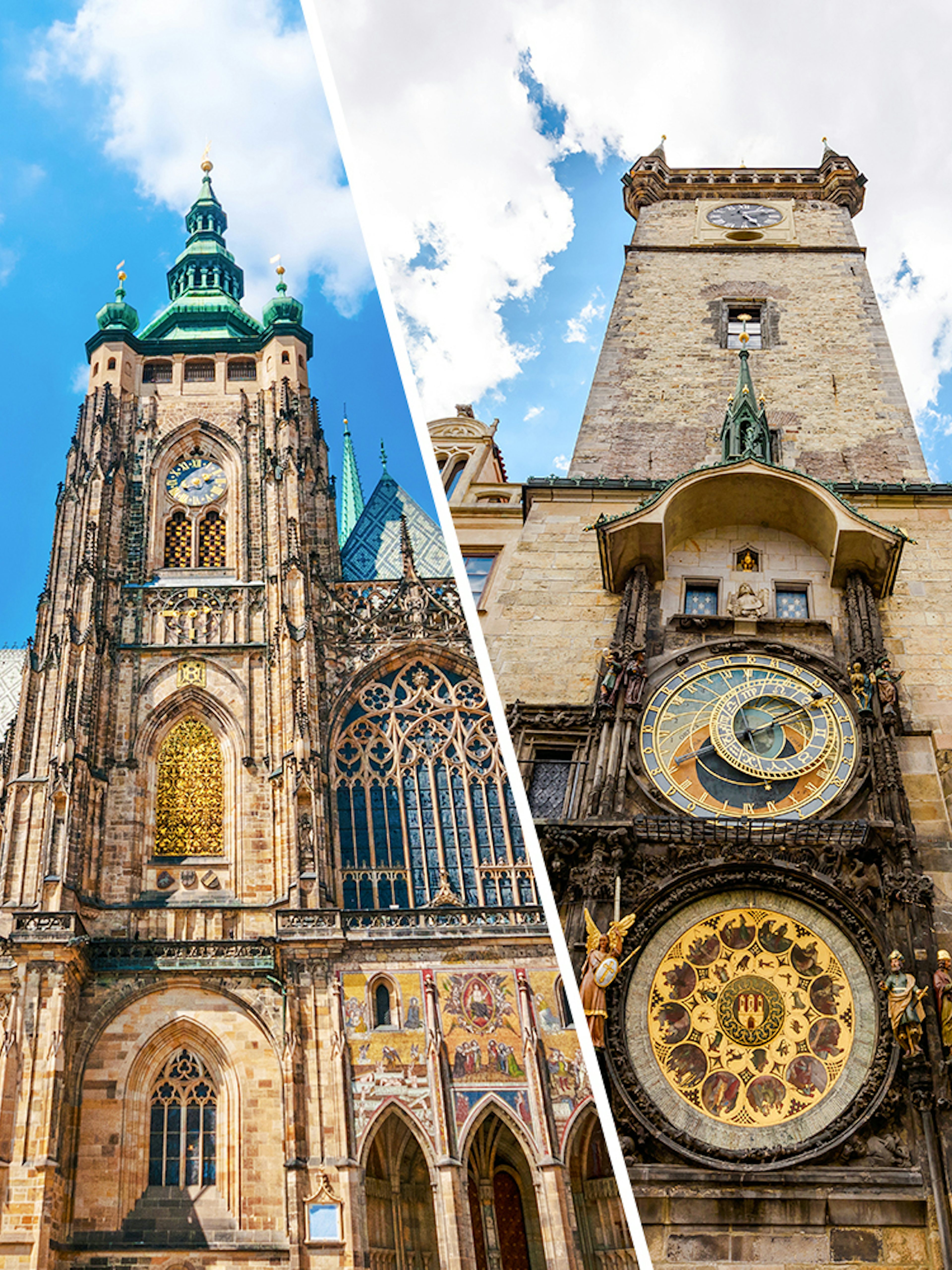 Prague Castle and Astronomical Clock Tower against blue sky.