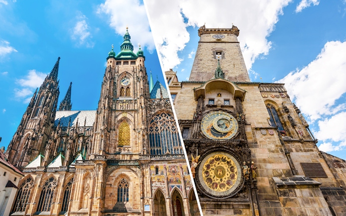 Prague Castle and Astronomical Clock Tower against blue sky.