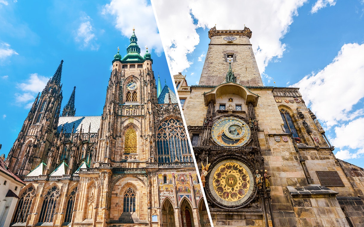 Prague Castle and Astronomical Clock Tower against blue sky.