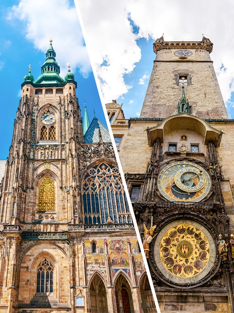 Prague Castle and Astronomical Clock Tower against blue sky.