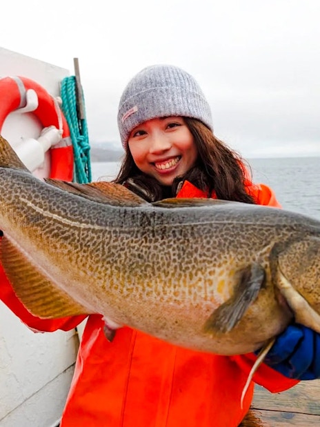 Woman holding Atlantic cod on fishing boat cruise, Lofoten.