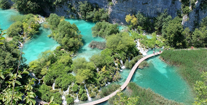 Plitvice Lakes National Park cascading waterfalls and turquoise lakes in Croatia.