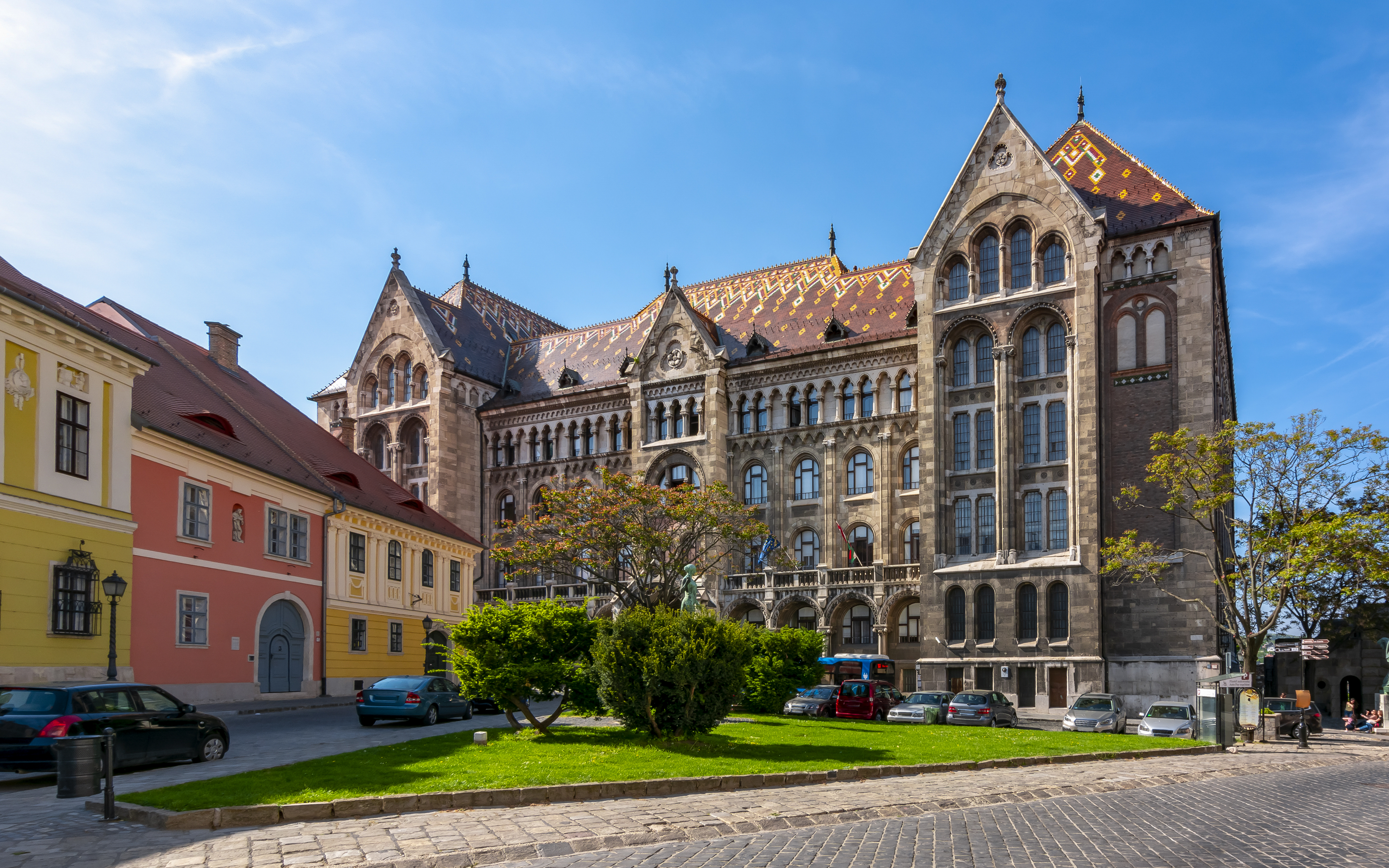National Archives of Hungary building with ornate facade in Budapest.