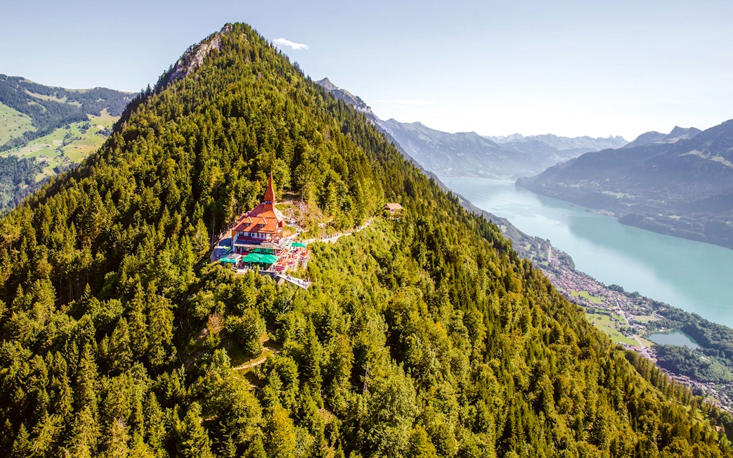Harder Kulm viewpoint overlooking Lake Brienz and surrounding mountains in Switzerland.