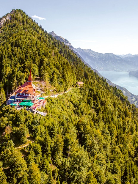 Harder Kulm viewpoint overlooking Lake Brienz and surrounding mountains in Switzerland.