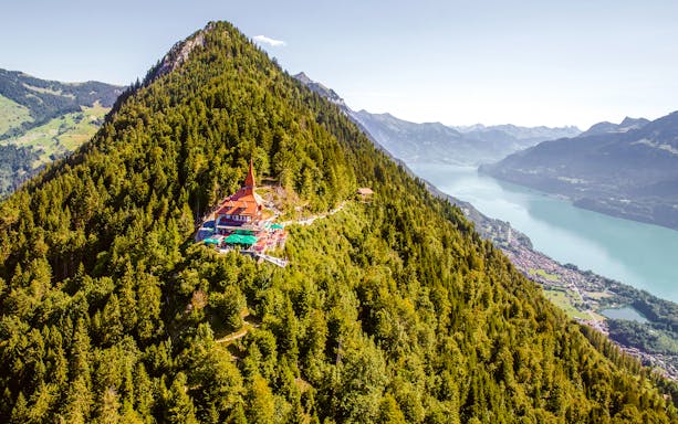 Harder Kulm viewpoint overlooking Lake Brienz and surrounding mountains in Switzerland.