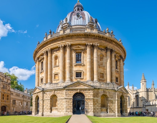 Radcliffe Camera in Oxford, England, with its iconic dome and surrounding architecture.
