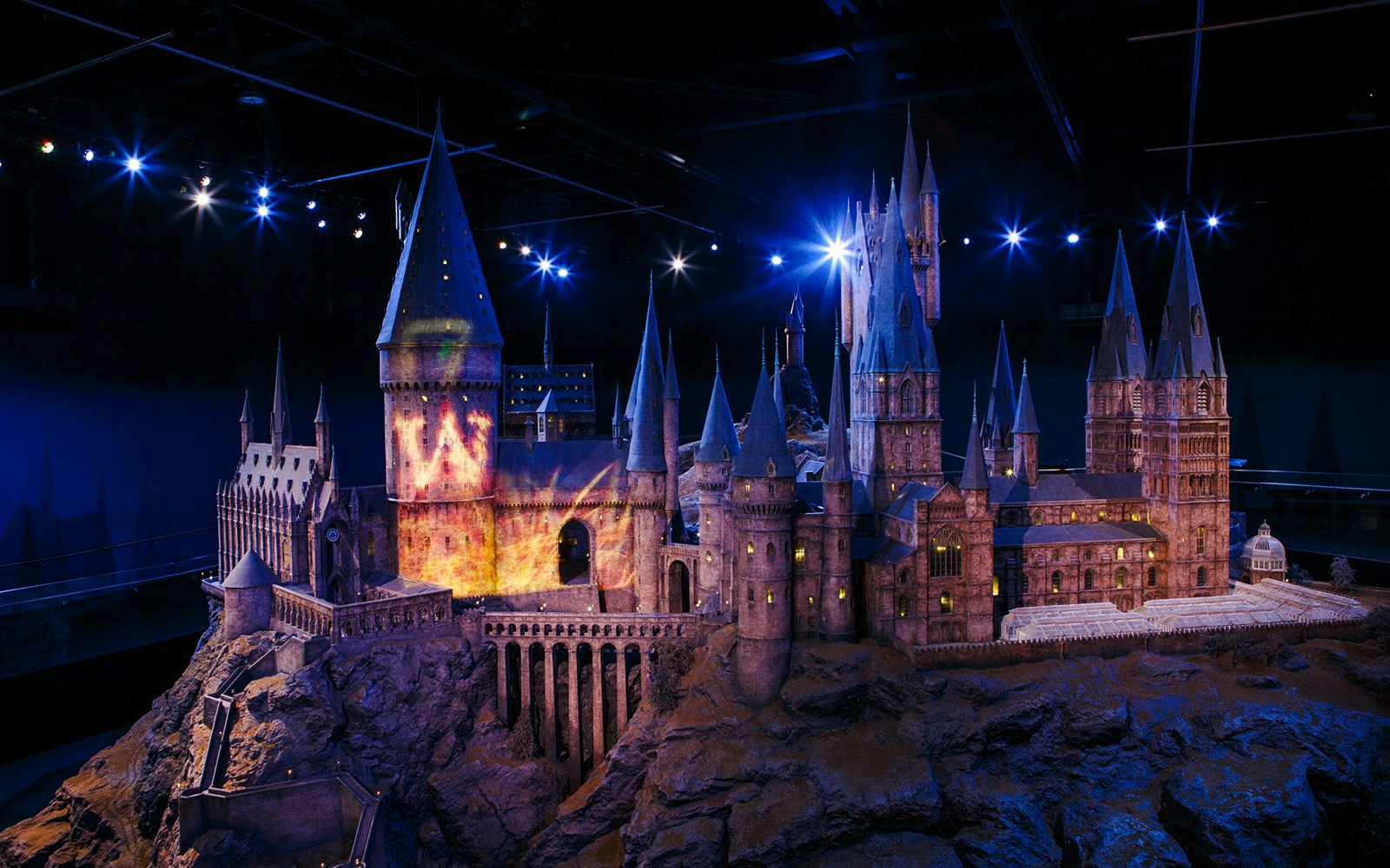 Hogwarts Castle model illuminated at Harry Potter Warner Bros. Studio Tour, London.