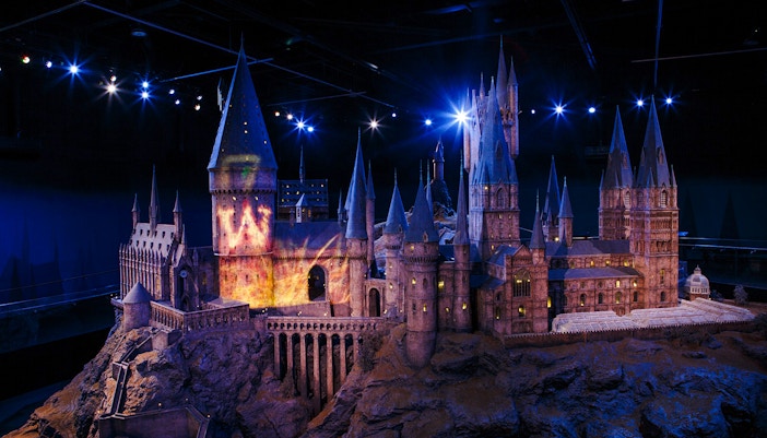 Hogwarts Castle model illuminated at Harry Potter Warner Bros. Studio Tour, London.