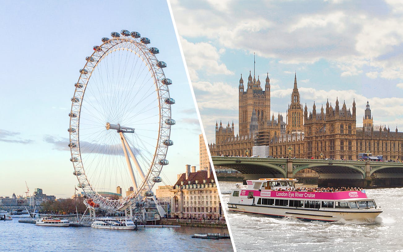London Eye and river cruise boat near Houses of Parliament, London.