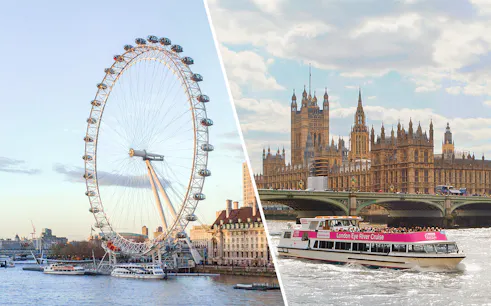 London Eye and river cruise boat near Houses of Parliament, London.