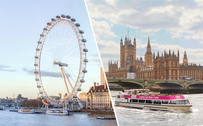 London Eye and river cruise boat near Houses of Parliament, London.