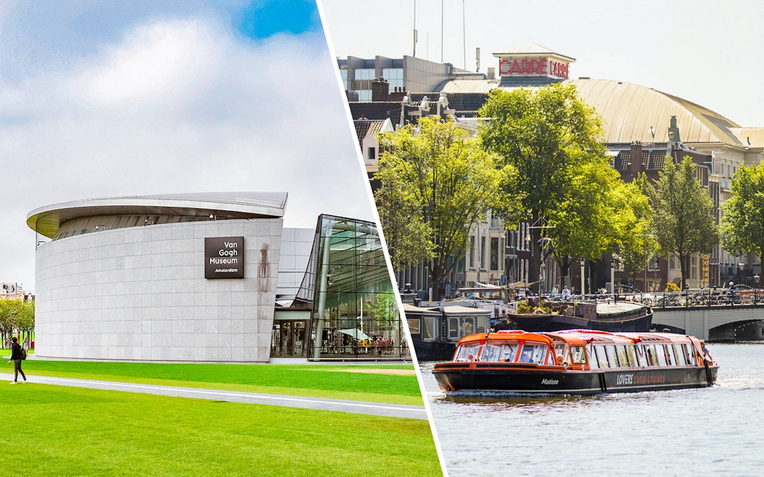 Van Gogh Museum and Amsterdam canal cruise boat.